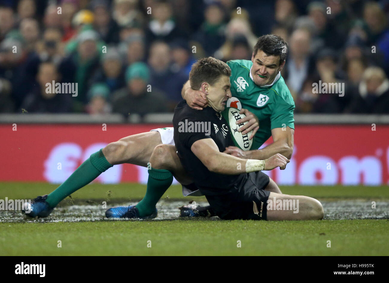 Ireland's Johnny Sexton and New Zealand's Beauden Barrett during the