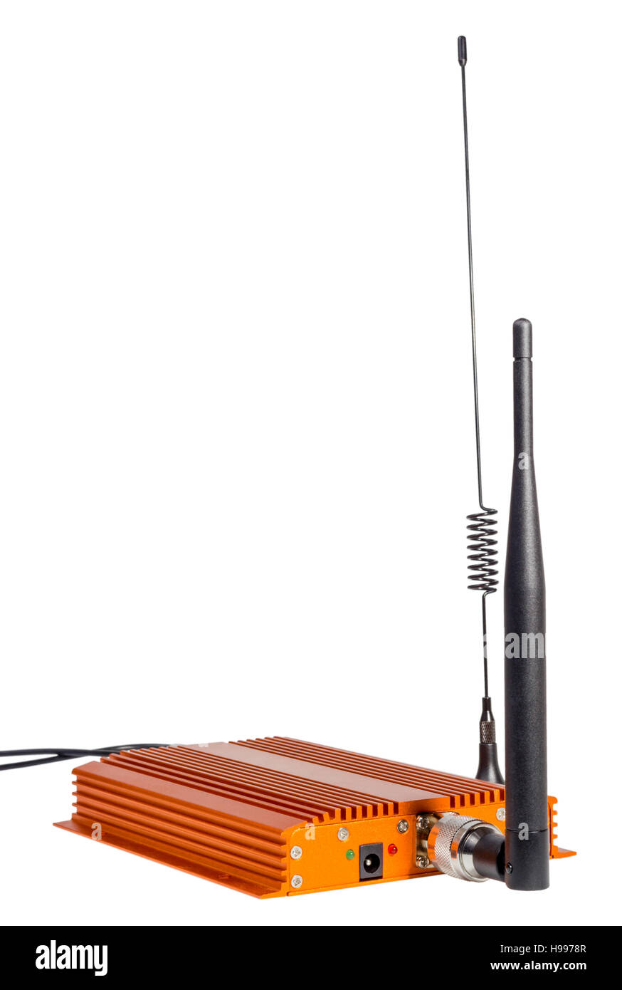 Amplifying signal repeater for GSM cellular phone with antennas mounted isolated on white