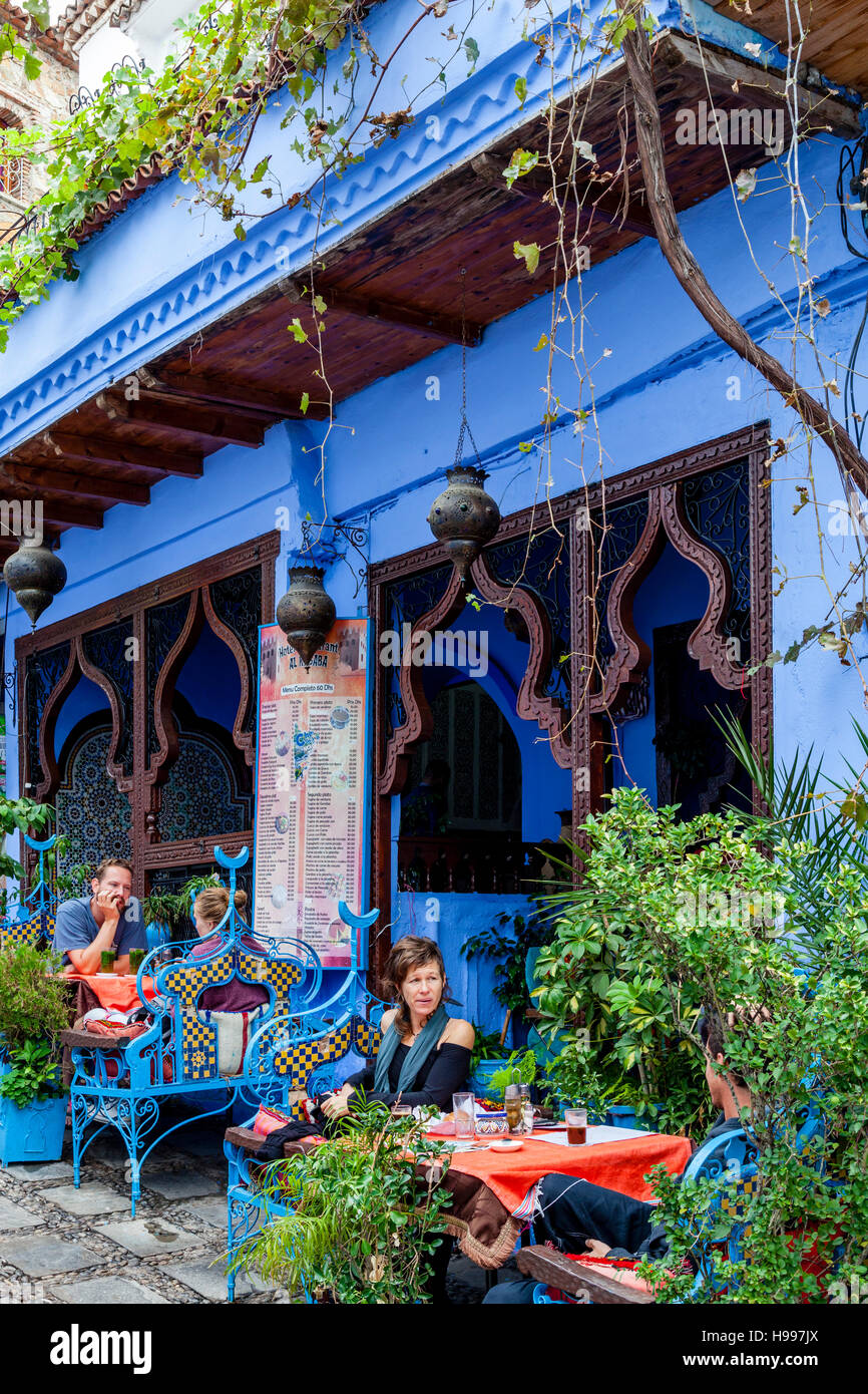Tourists Drinking Tea Outside A Restaurant Chefchaouen Morocco