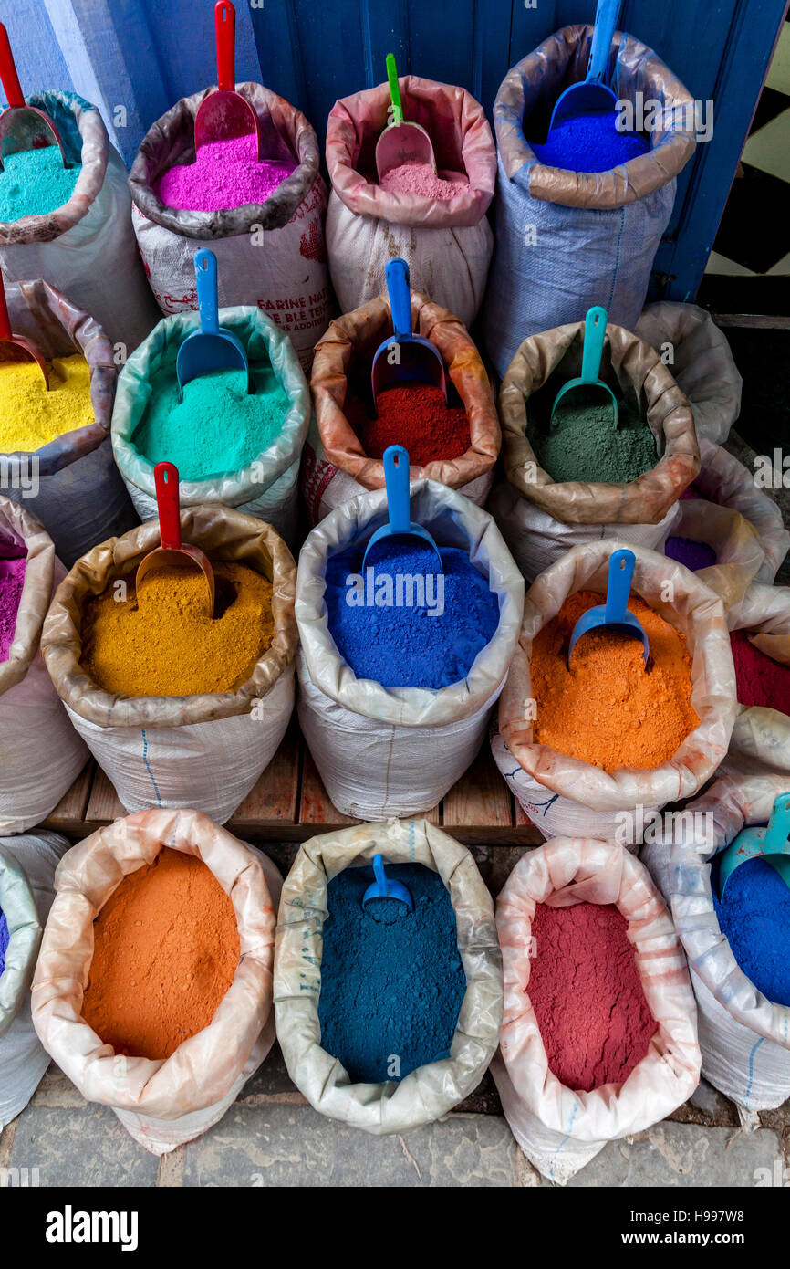 Sacks Of Colourful Clothes Dye, Chefchaouen, Morocco Stock Photo