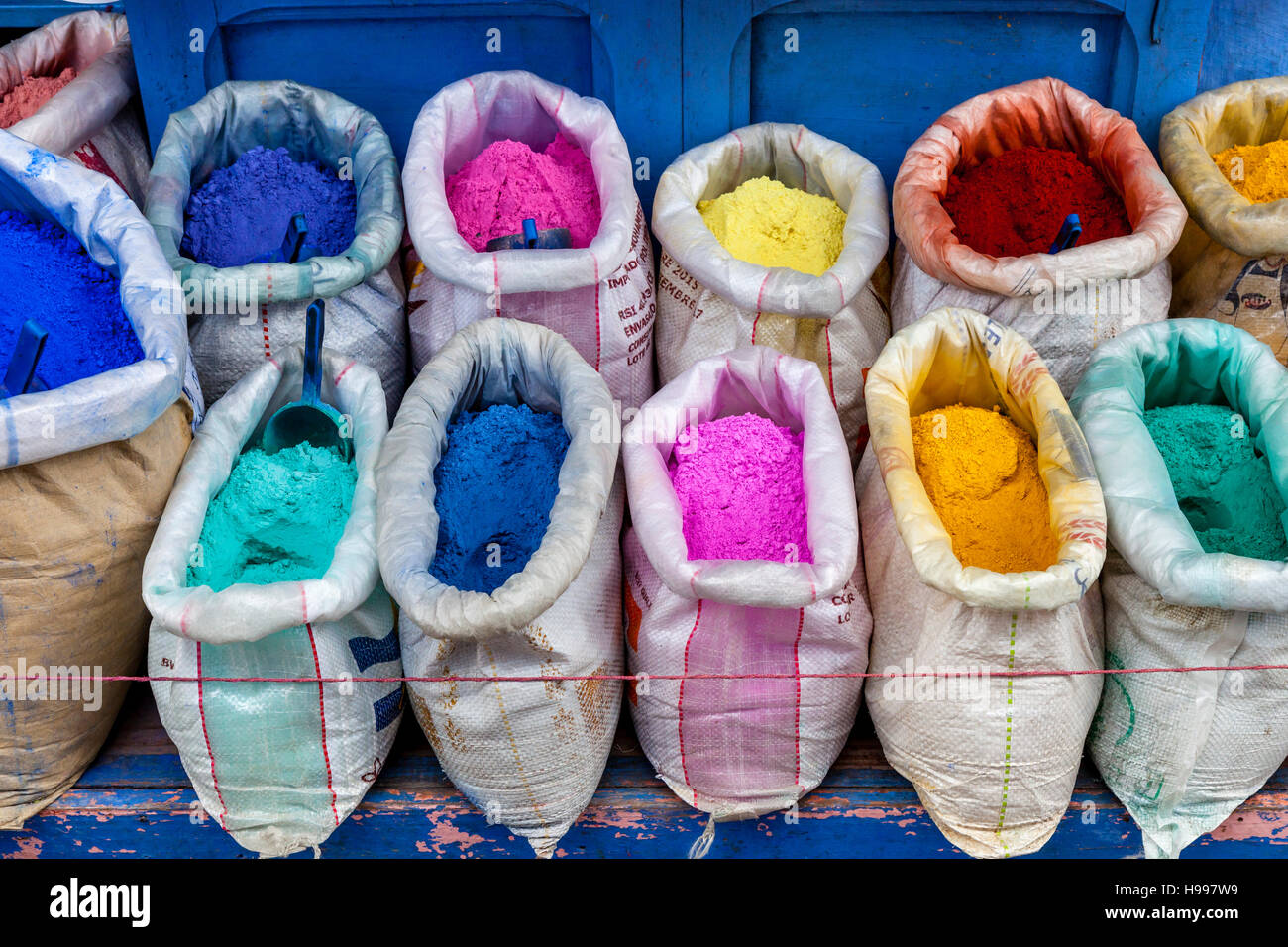 Sacks Of Colourful Clothes Dye, Chefchaouen, Morocco Stock Photo