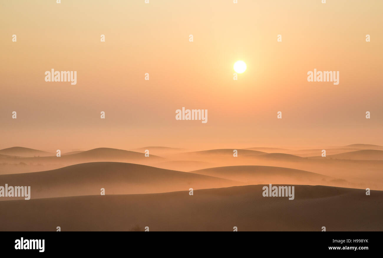 Mist in a desert at sunrise near Dubai, UAE Stock Photo