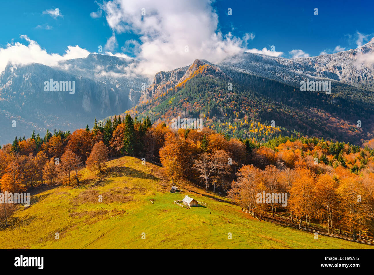 Landscape with the end of fall and beginning of winter in mountains ...