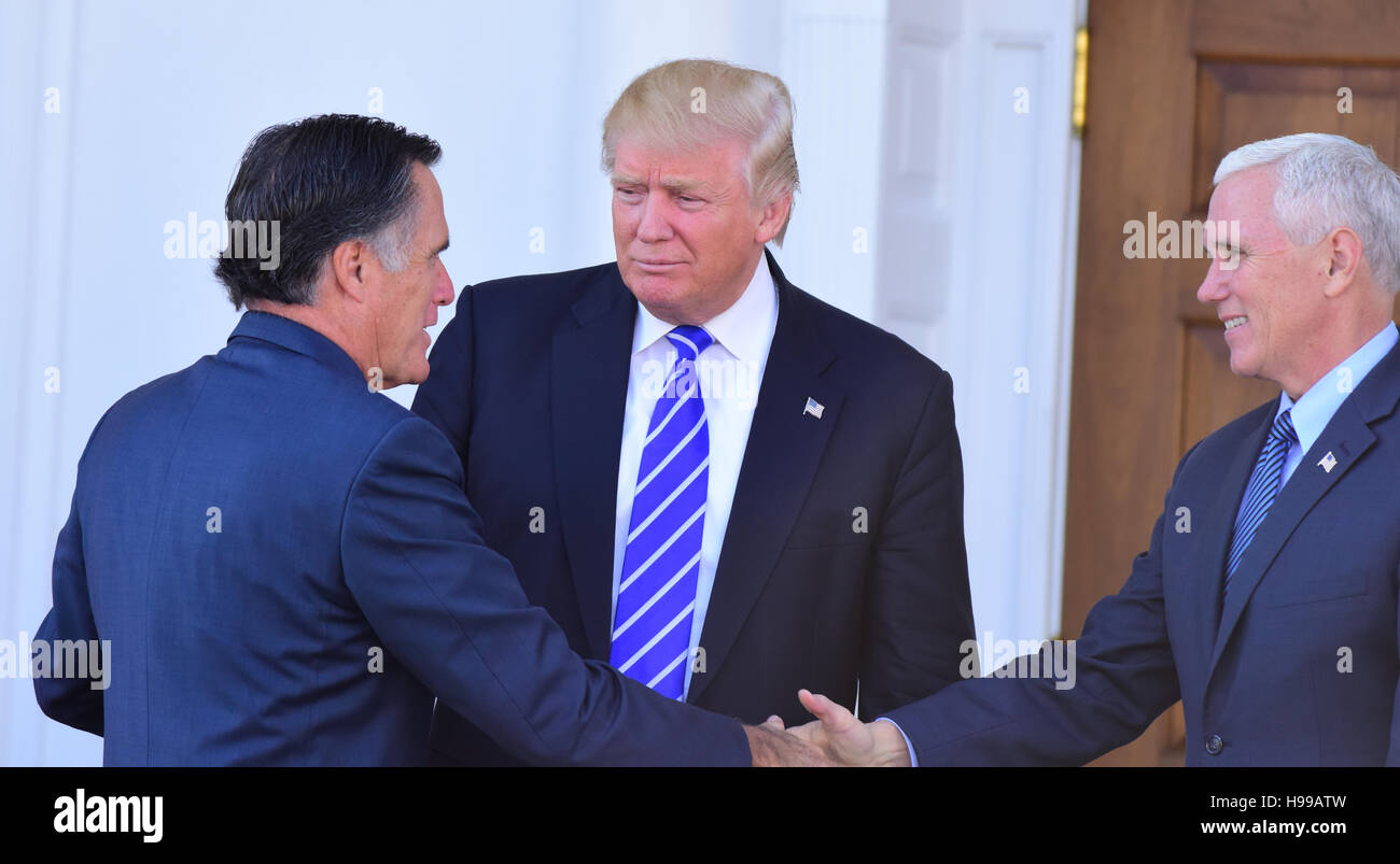 Bedminster, United States. 19th Nov, 2016. President elect Donald Trump and vice president elect Mike Pence greet erstwhile rival & critic, former Massachusetts governor, Mitt Romney after his arrival at Trump's Bedminster, New Jersey country club. Credit:  Andy Katz/Pacific Press/Alamy Live News Stock Photo