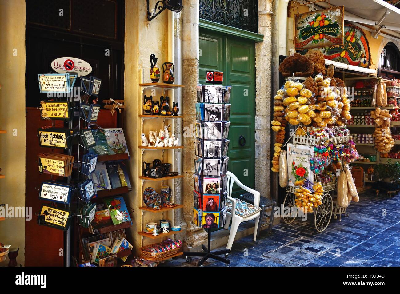Tourist gift shops along a shopping street in the old town, Rethymno
