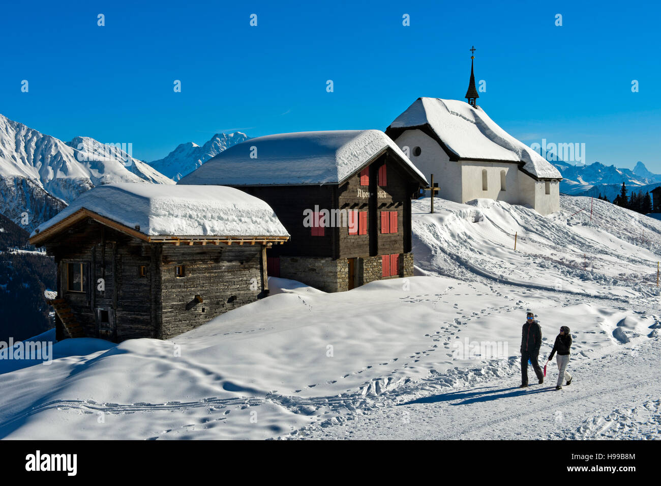 Chapel Kapelle Maria zum Schnee in winter, Bettmeralp, Valais, Switzerland Stock Photo