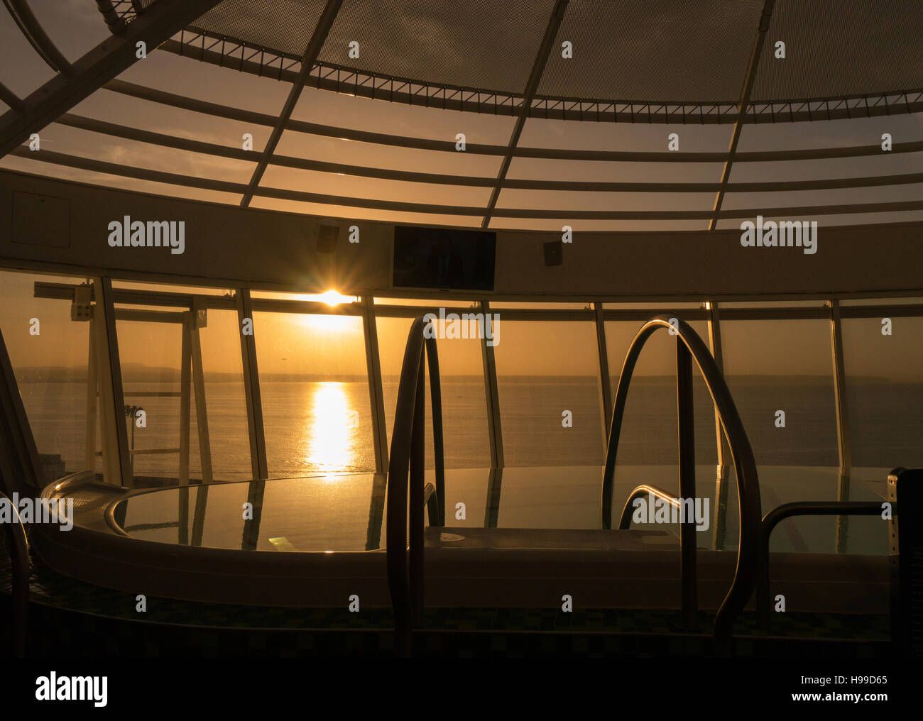 View out to sea from a jacuzzi hot tub on boar a cruise ship at sunrise Stock Photo