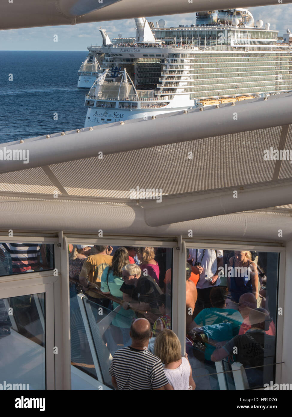 Three Oasis Class Royal Caribbean cruise ships meet for the first time off the coast of Fort Lauderdale, USA Stock Photo