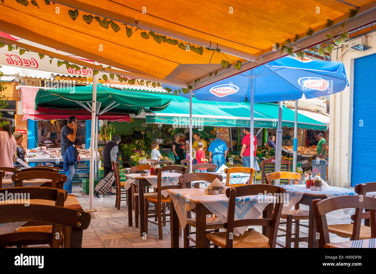 The market stalls with fresh fruits and vegetables in 1866 street