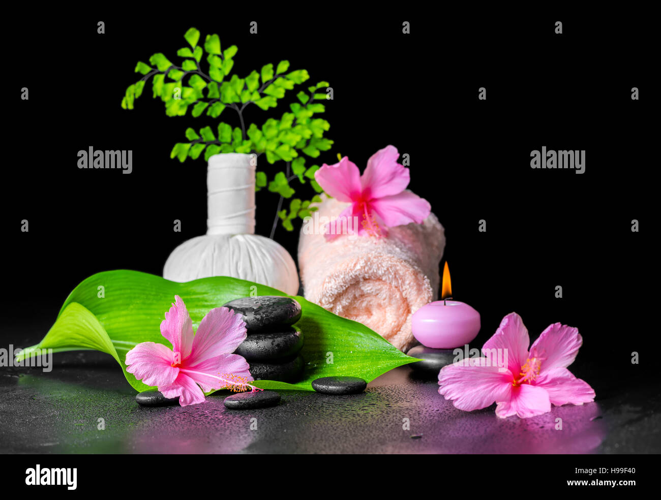 beautiful spa composition of pink hibiscus flower, leaf fern, thai herbal compress ball, towel, candle and stones with dew, closeup Stock Photo