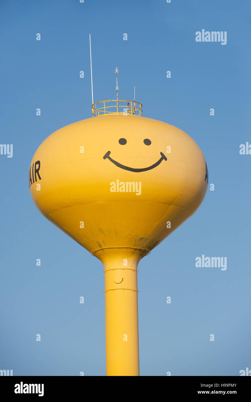 Yellow Smiley-Face water tower at Adair, Iowa, USA Stock Photo - Alamy