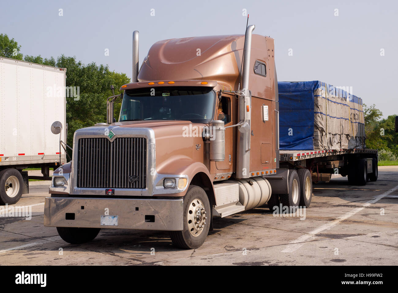 Eagle Truck and trailer in truck park on Interstate 80 in Iowa, USA. Stock Photo