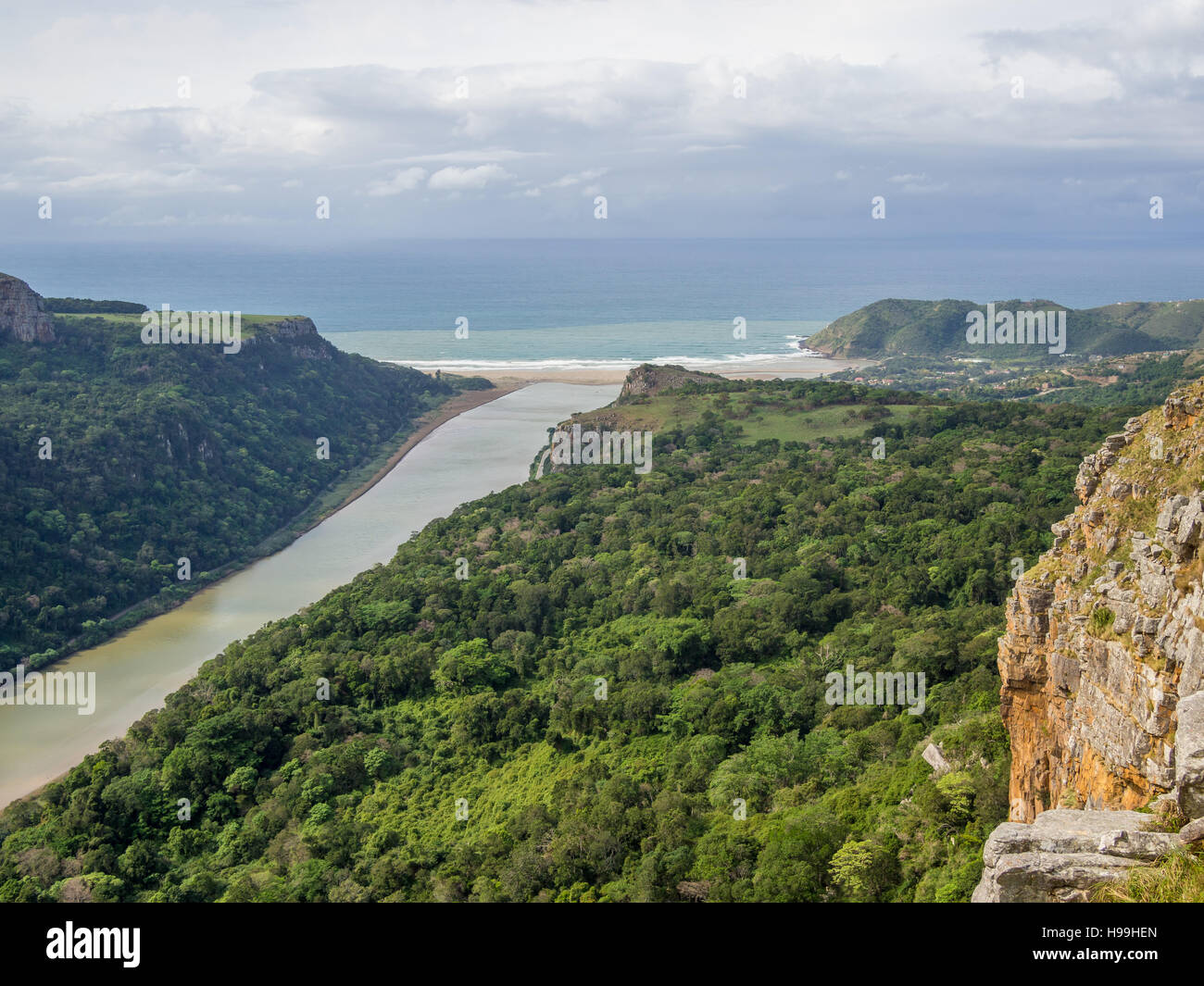Aerial view of brown river surrounded by forest flowing into ocean at South Africa's Wild Coast. Dramatic sky and beach in background. Stock Photo