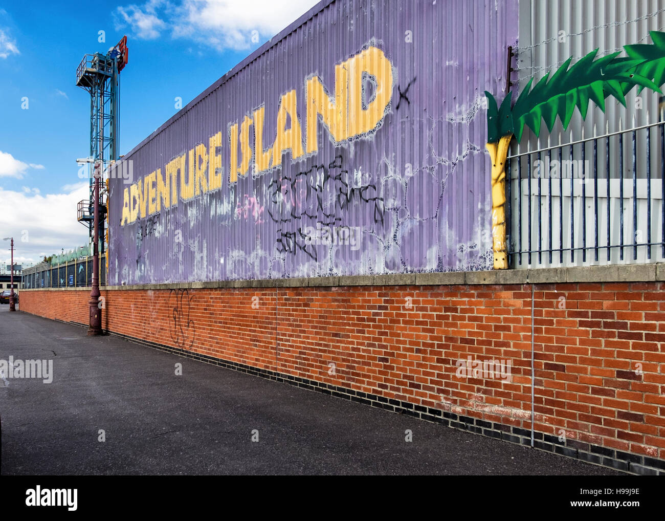 Adventure Island Amusement Park, Old sign and fence. Southend-on-sea, Essex,England Stock Photo