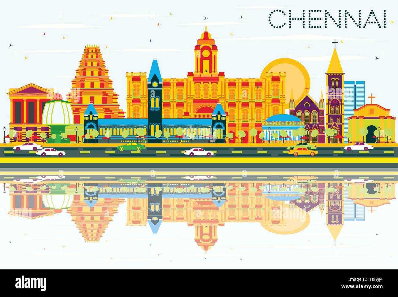 Chennai Skyline with Color Landmarks, Blue Sky and Reflections. Vector