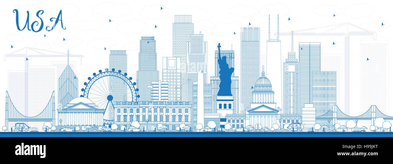 Outline USA Skyline with Blue Skyscrapers and Landmarks. Vector ...