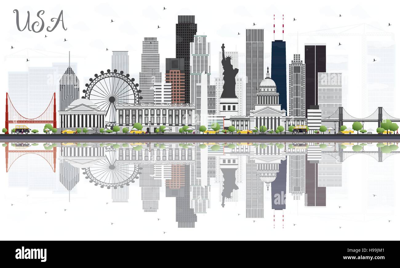 USA Skyline with Gray Skyscrapers, Landmarks and Reflections. Vector Illustration. Business Travel and Tourism Concept with Modern Architecture. Stock Vector