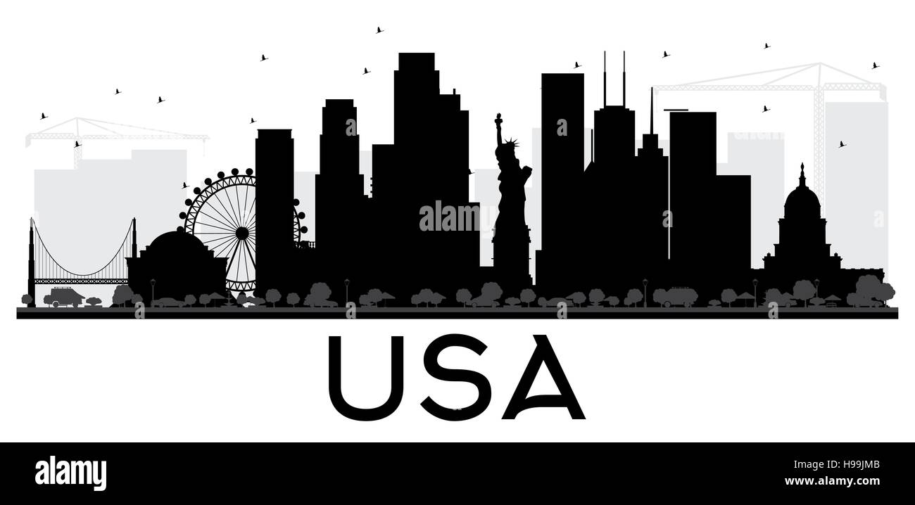 USA City skyline black and white silhouette. Simple flat concept for tourism presentation, banner, placard or web site. Business travel concept. Stock Vector