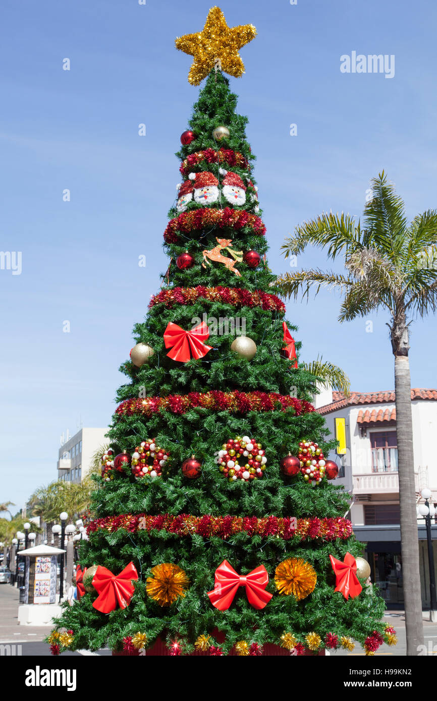 The Christmas tree on a pedestrian street in Napier town. Stock Photo