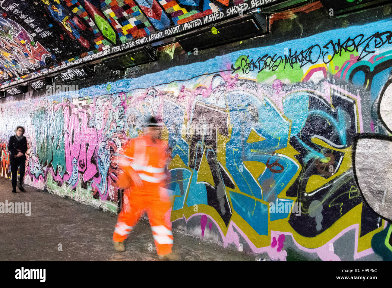 Leake Street, also known as Graffiti Tunnel, underneath Waterloo Train Station, Lambeth, London, SE1, UK. Stock Photo