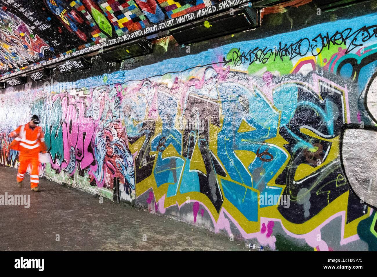 Leake Street, also known as Graffiti Tunnel, underneath Waterloo Train Station, Lambeth, London, SE1, UK. Stock Photo