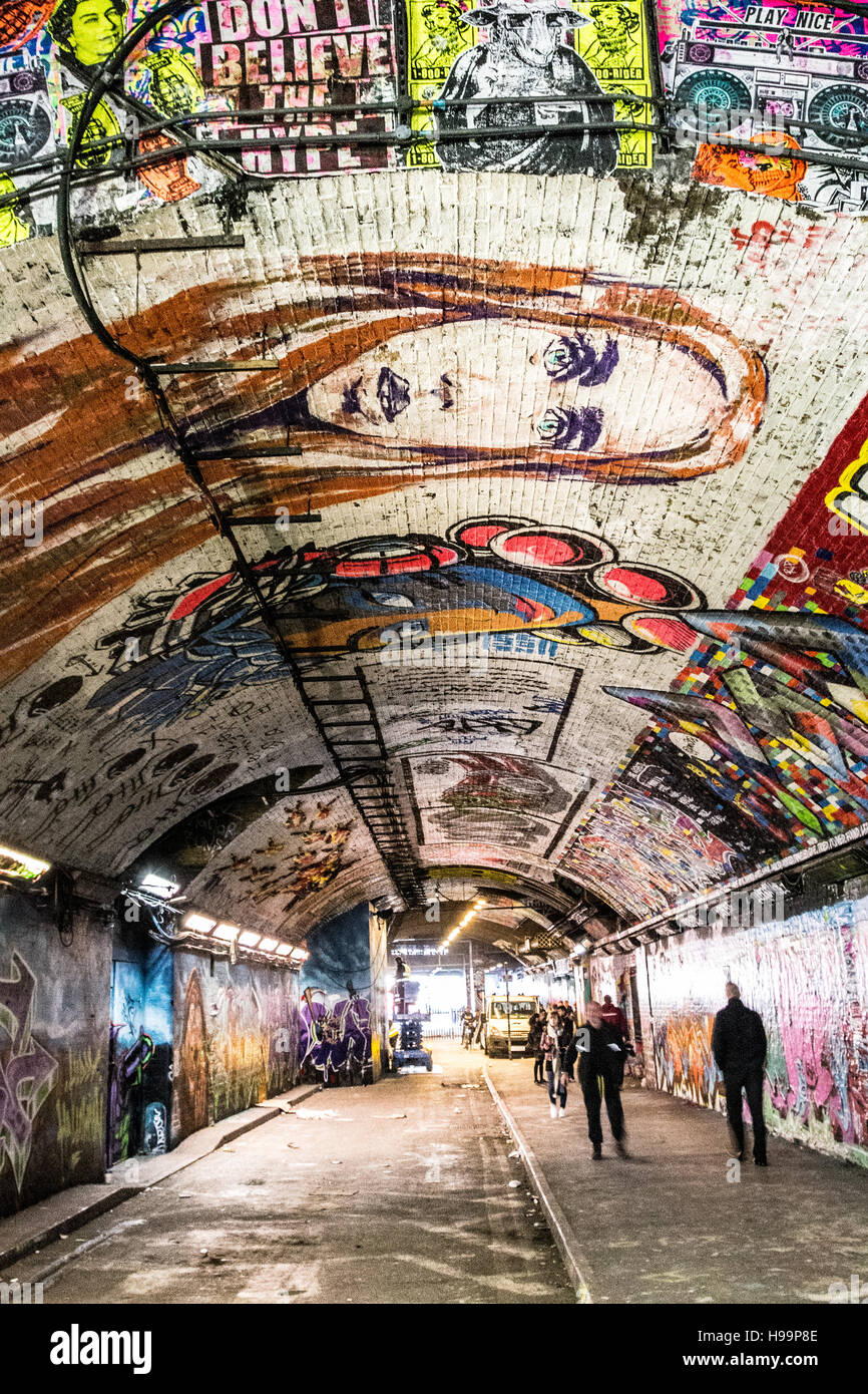 Leake Street, also known as Graffiti Tunnel, underneath Waterloo Train Station, Lambeth, London, SE1, UK. Stock Photo