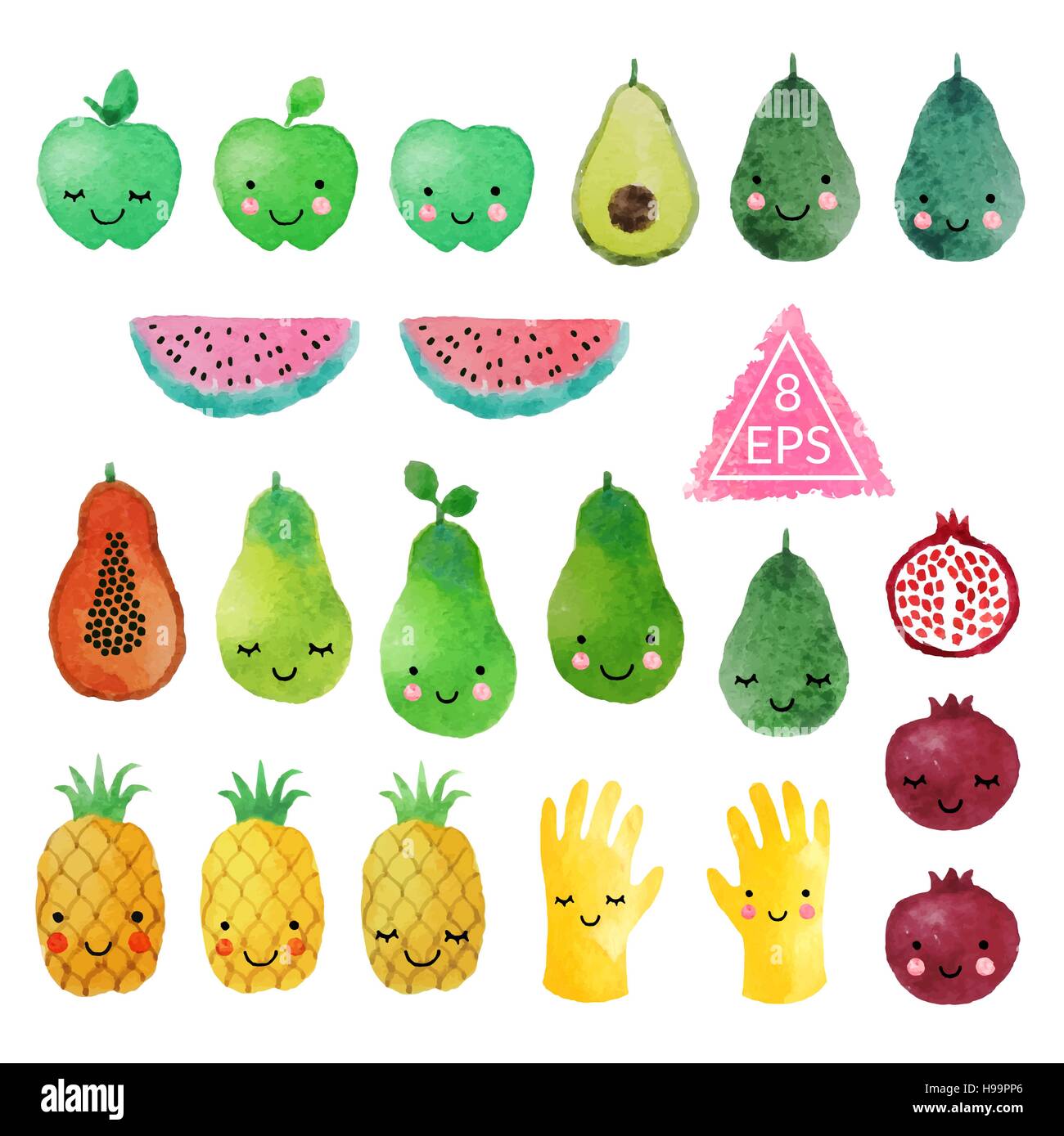 Set of vector hand drawn watercolor cute fruits with faces. Perfect for kids design Stock Vector