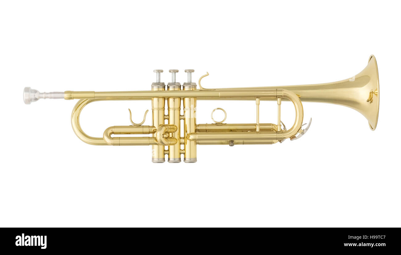 Golden Trumpet. Classical Music Wind Instrument Isolated on White Background Stock Photo