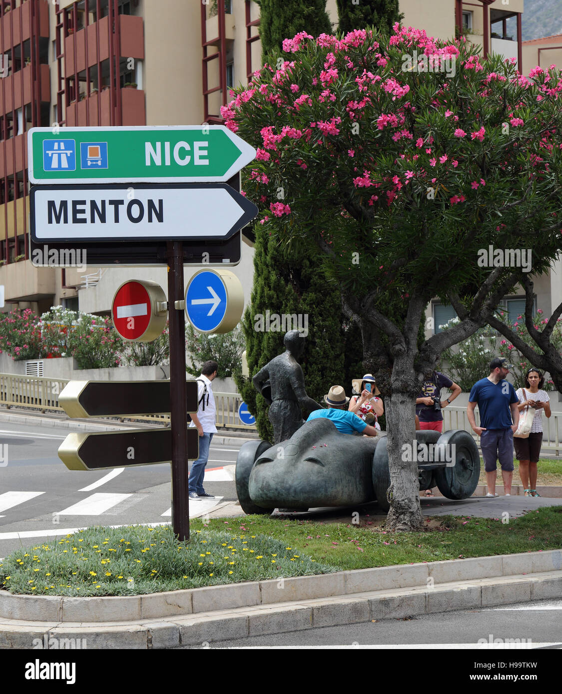 statue of fangio and mercedes racing car, Monaco, south of france Stock Photo