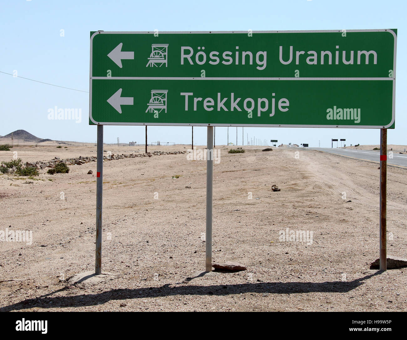 Road Sign for Rossing Uranium Mine in Namibia Stock Photo