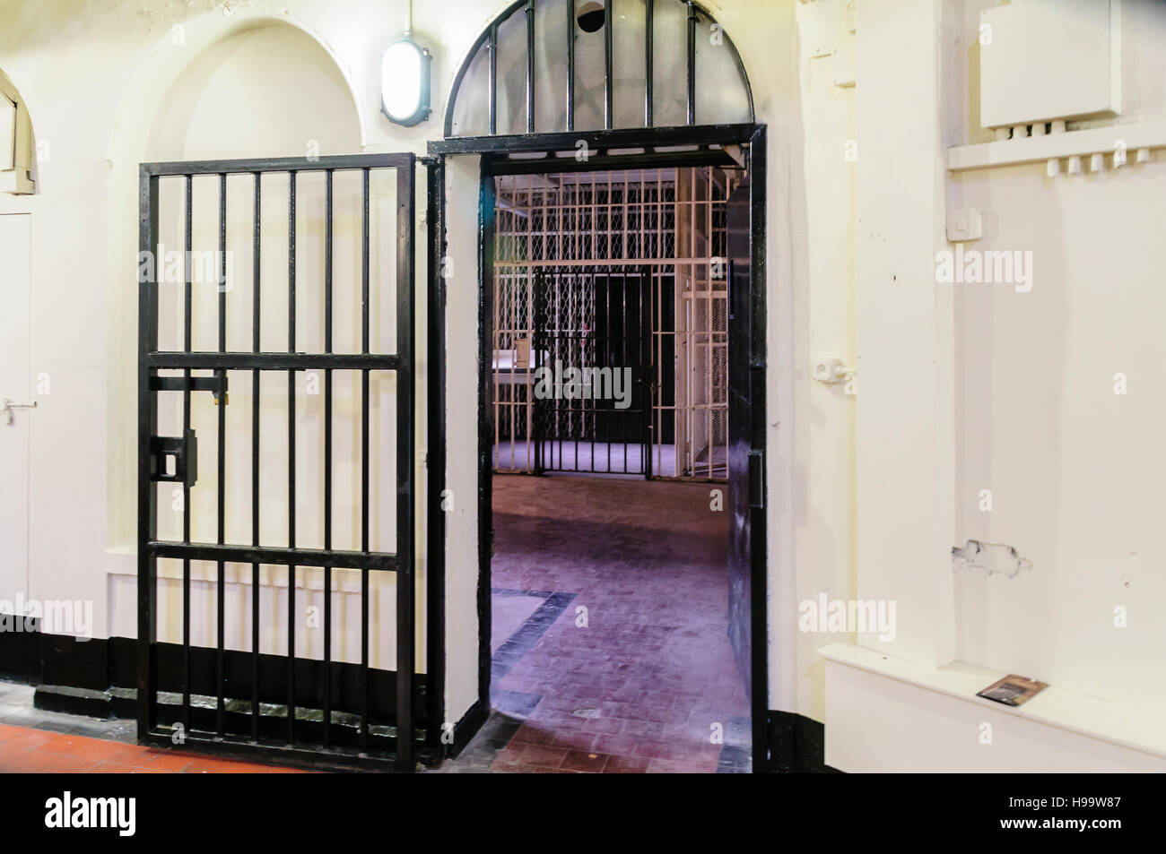 Steel barred doors in Crumlin Road Gaol, a Victorian prison modelled on Pentonville in London. Stock Photo