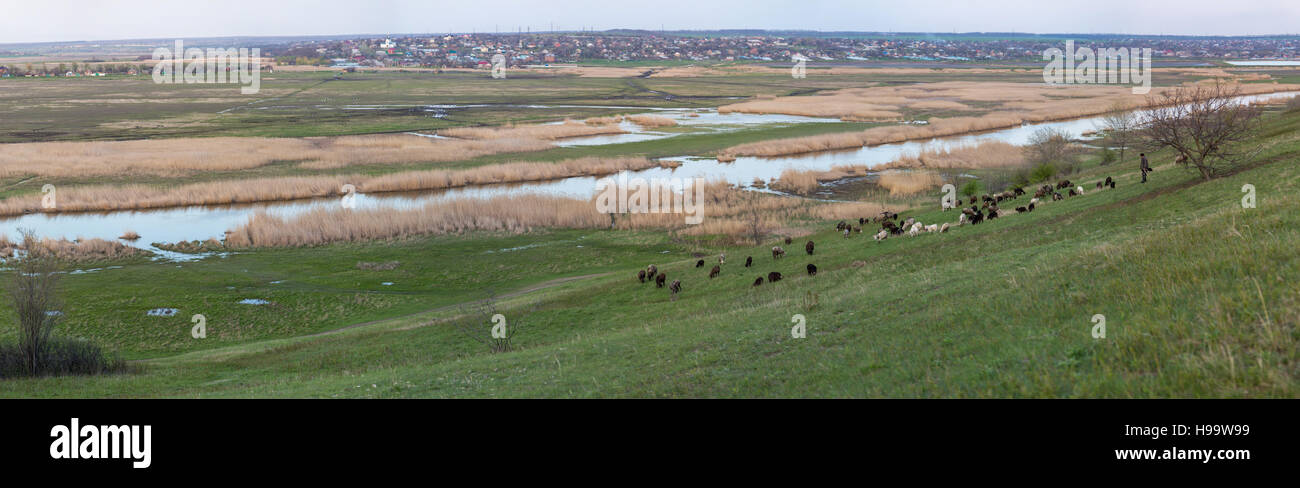 Panorama on the Mius river valley with views of Nikolaevka village Stock Photo