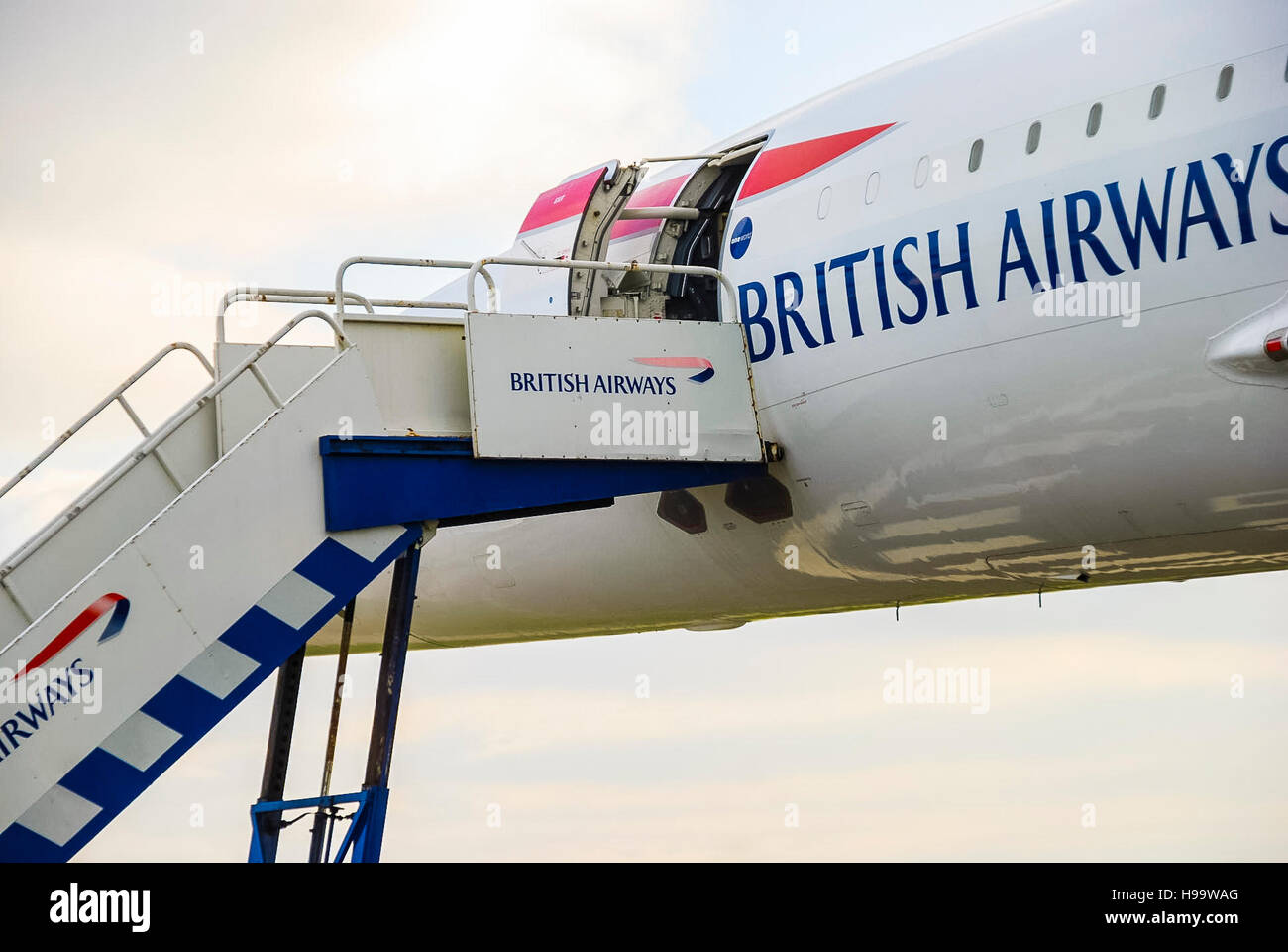 Steps leading up to British Airways Concorde airplane. Stock Photo