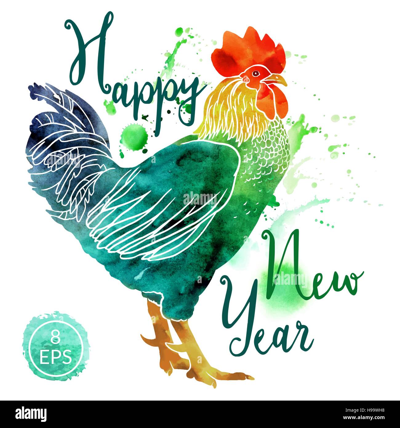 Vector. Watercolor rooster with inscription isolated on white background. Happy New Year hand drawn vector inscription. Perfect for New year postcards Stock Vector