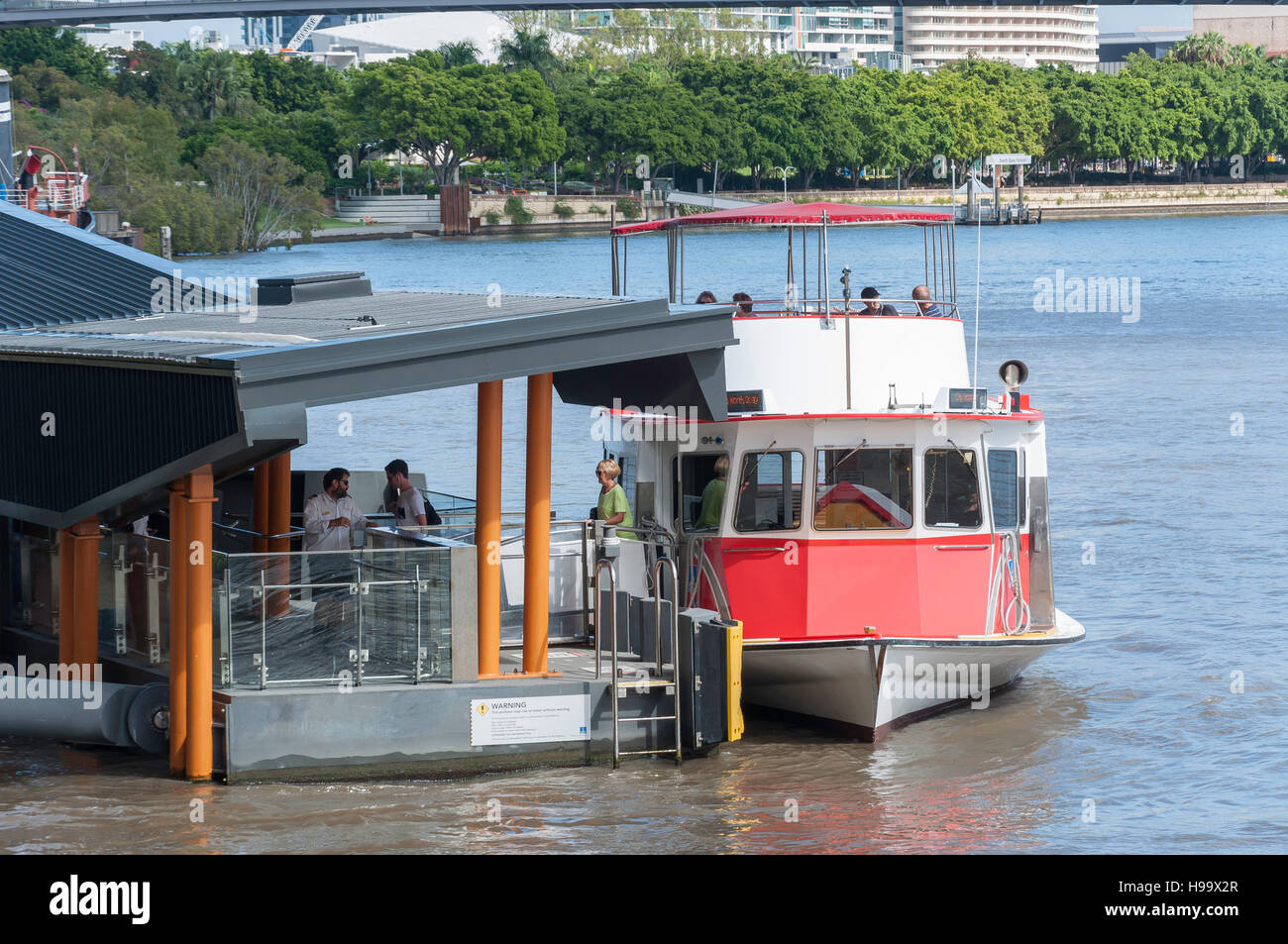 CityHopper ferry boat at terminal on Brisbane River, Brisbane City, Brisbane, Queensland, Australia Stock Photo