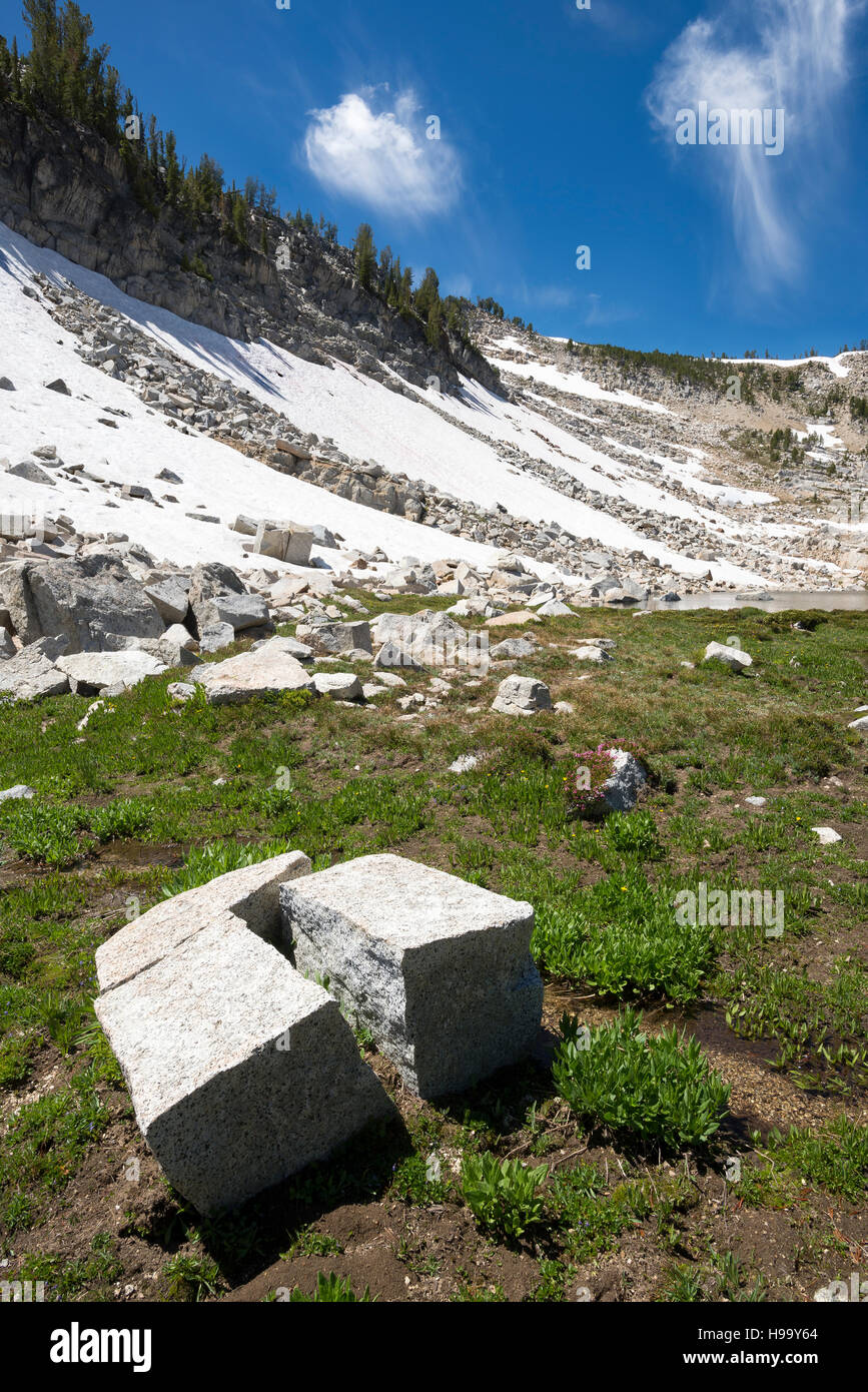 Split granite boulder in a basin high in Oregon's Wallowa Mountains. Stock Photo