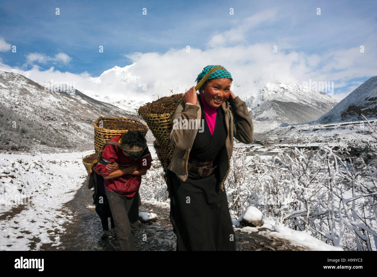 Villagers leaving the village of Samagaon, 8 days walking from the trailhead at Arughat Bazaar on the Manaslu Circuit. The 16-day Manaslu Circuit is p Stock Photo