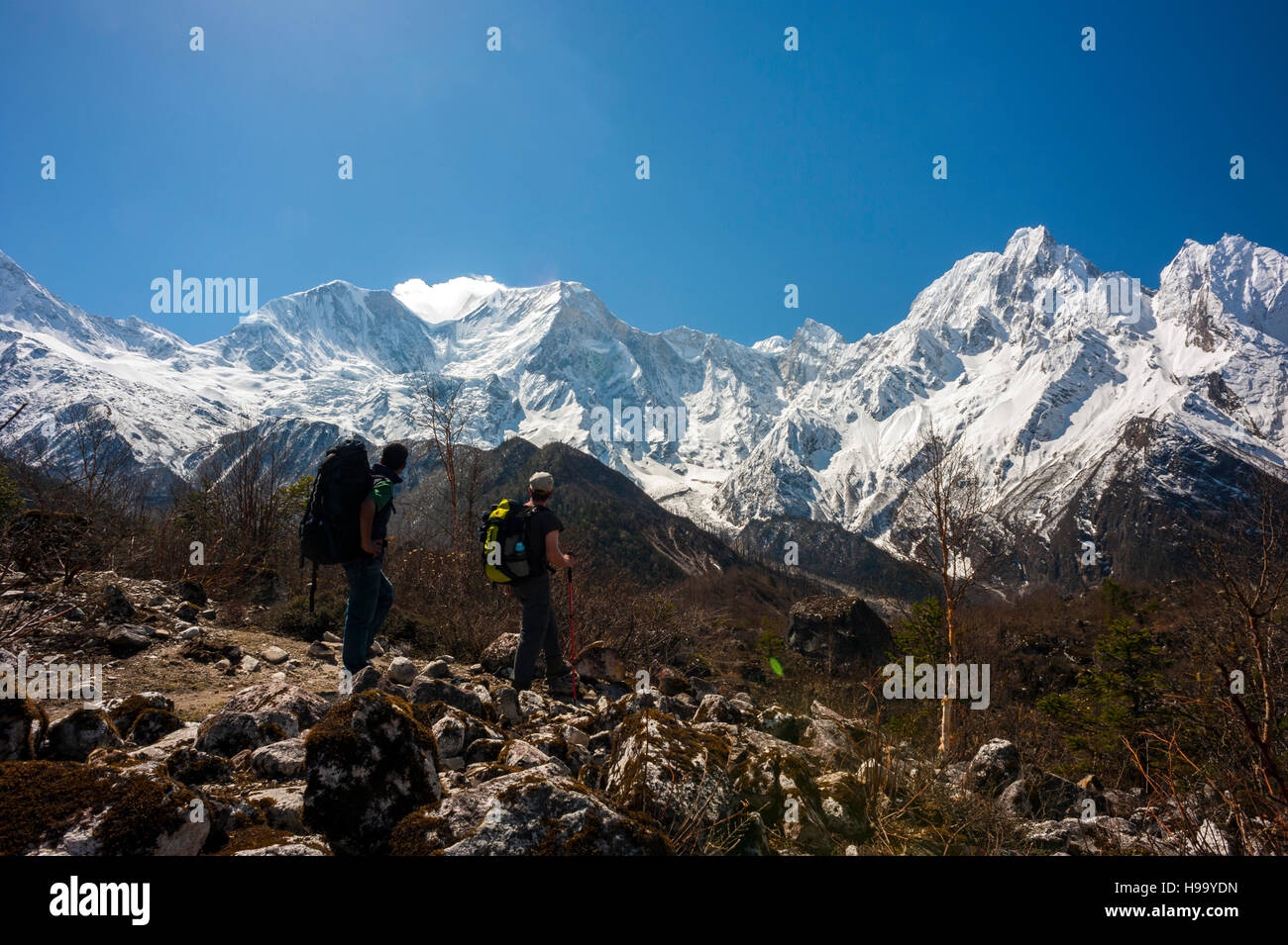Trekkers on the Manaslu Circuit from Bimthang to Tilje, 13 days from the trailhead at Arughat Bazaar. The 16-day Manaslu Circuit is part of the Great  Stock Photo