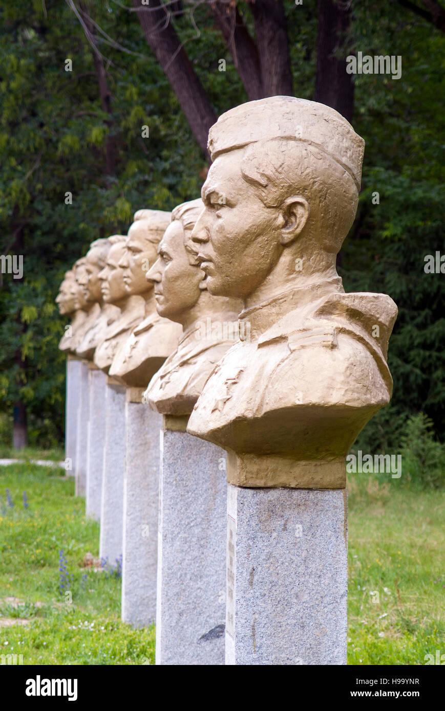 Soldiers' busts at the Soviet War Memorial in Karakol on lake Issyk Kul. Stock Photo