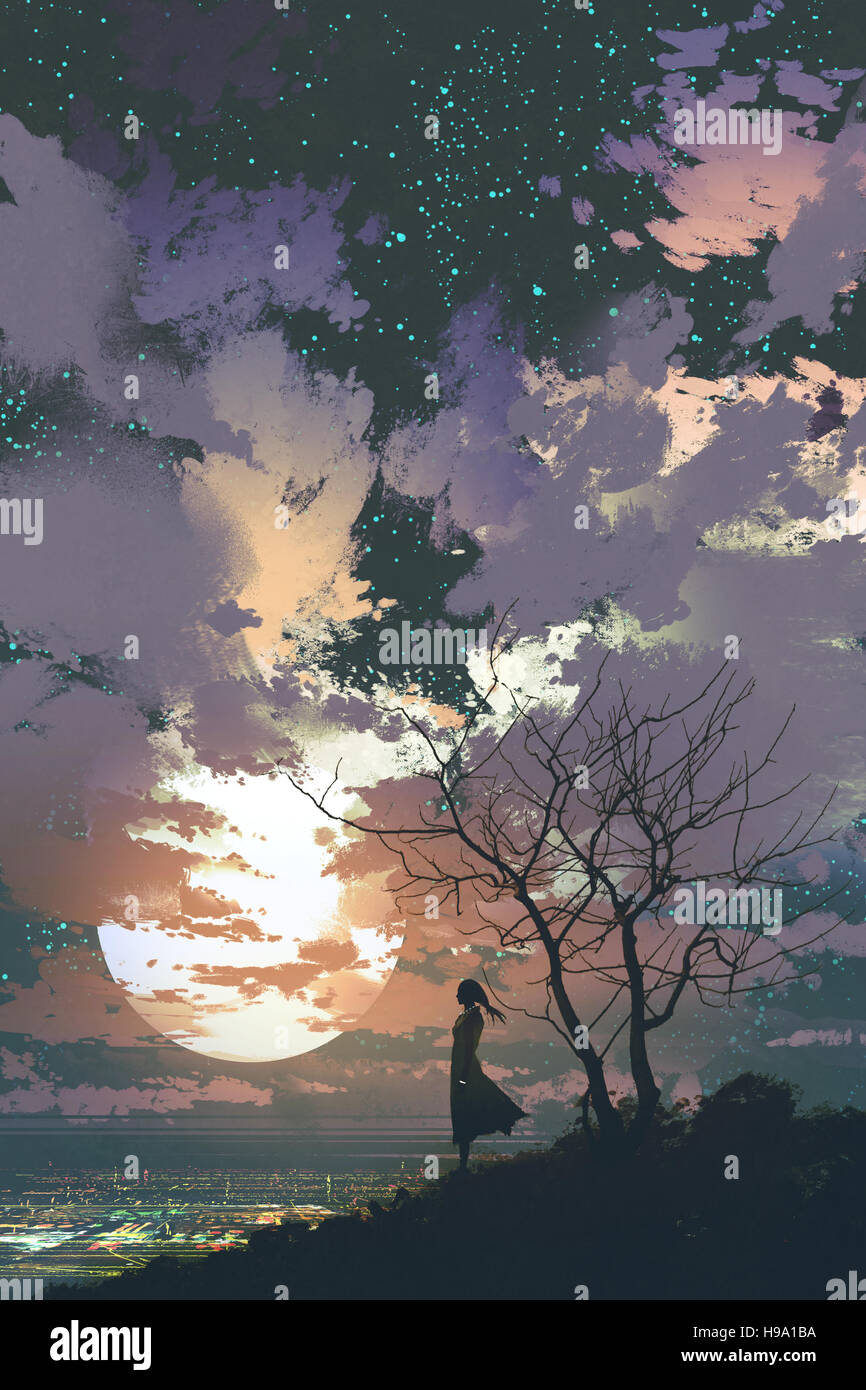 woman standing on top of a mountain against a beautiful sky with big moon,illustration painting Stock Photo