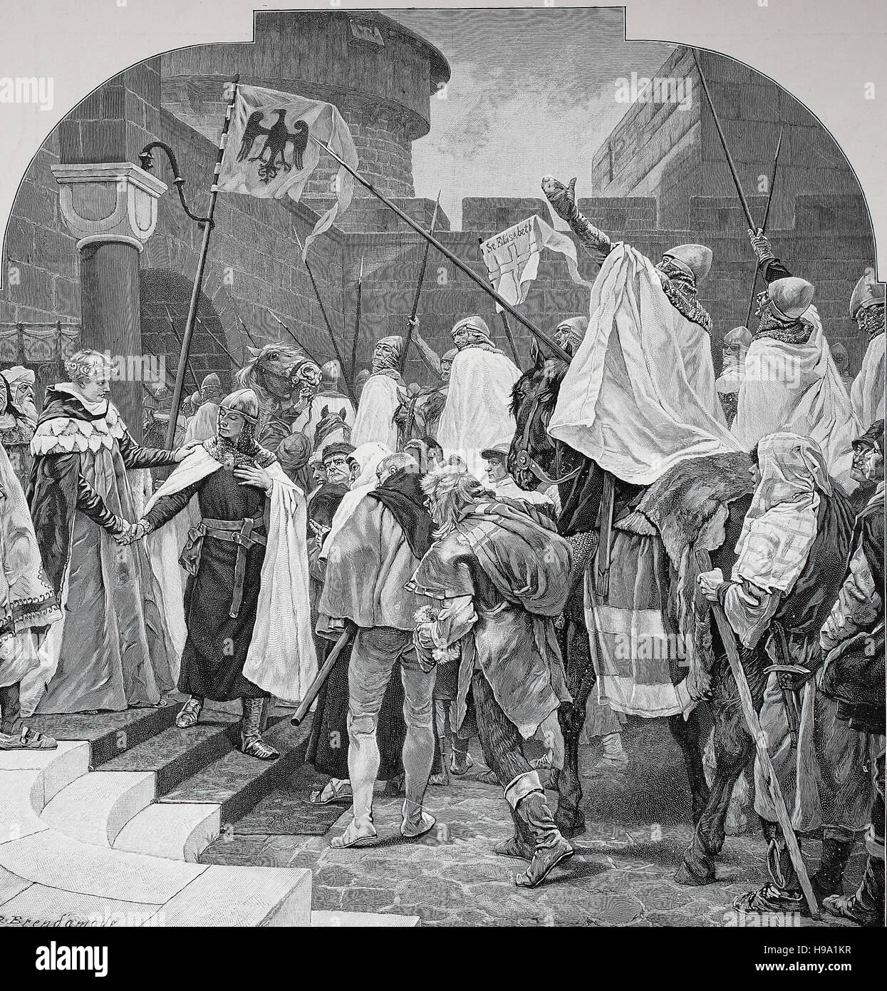 Friedrich II takes farewell in Marburg, Germany, from the knights of the Teutonic Order, historical illustration Stock Photo