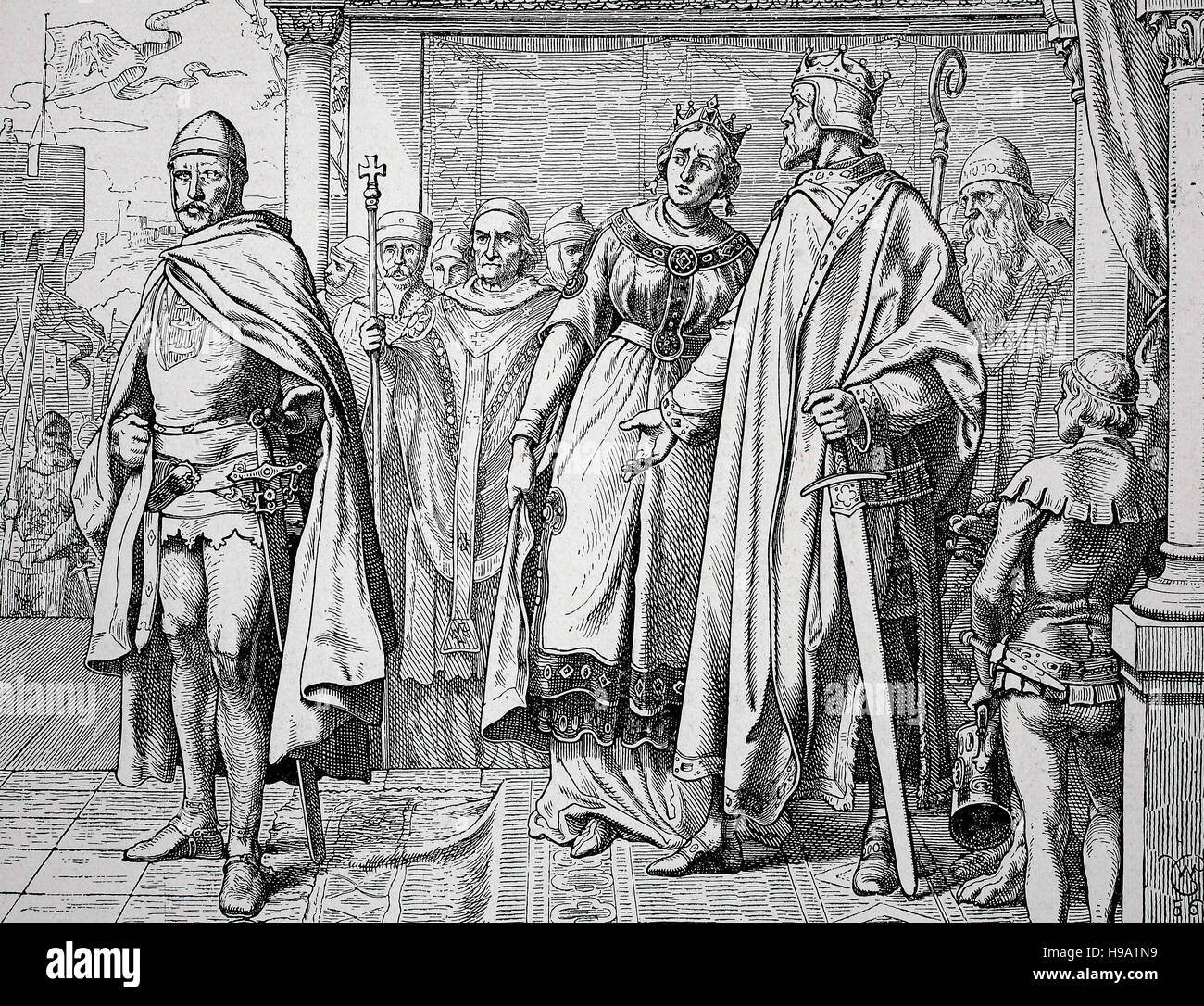 Ernest II, died 17 August 1030, Duke of Swabia and Conrad II, 990 - 4 June 1039, also known as Conrad the Elder and Conrad the Salic, was Emperor of the Holy Roman Empire, at Ingelheim, Germany, historical illustration Stock Photo