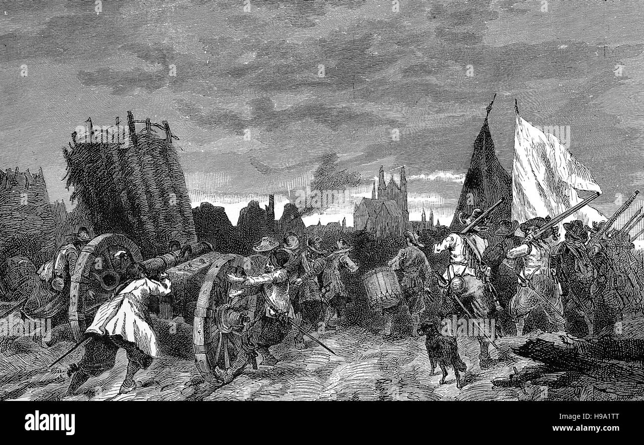 The Sack of Magdeburg, Magdeburgs Opfergang or Magdeburger Hochzeit, refers to the siege, the subsequent plundering, and the massacre of the inhabitants of the largely protestant city of Magdeburg by the forces of the Holy Roman Empire and the Catholic League during the Thirty Years' War, historical illustration Stock Photo