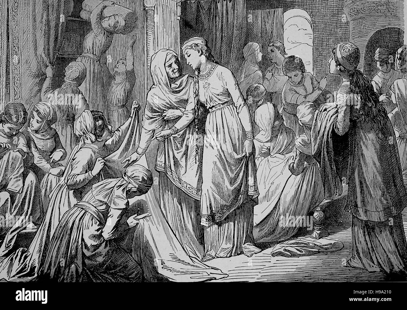 Gudrun is a major figure in early Germanic literature that is centred on the hero Sigurd, son of Sigmund. She appears as Kriemhild in the Nibelungenlied and as Gutrune in Wagner's Der Ring des Nibelungen, here together with her maids, historical illustration Stock Photo