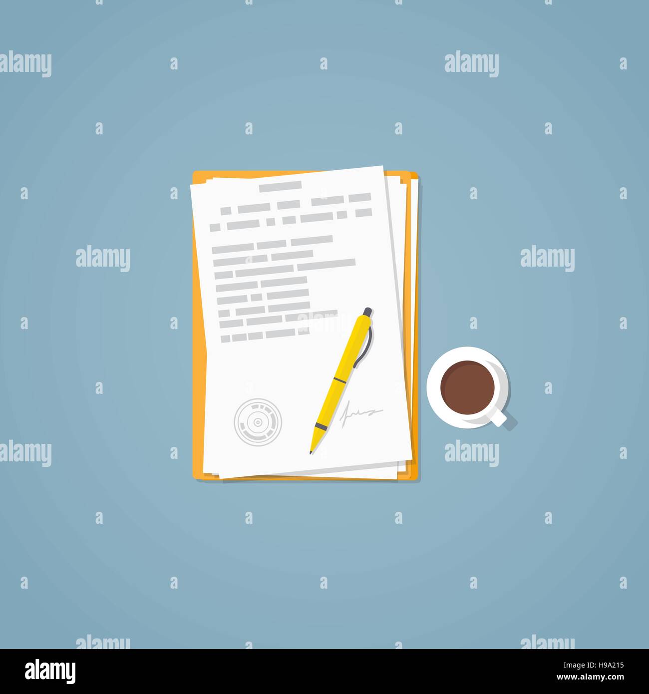 Flat illustration. Documents, golden pen, business papers. Signed agreement. Stock Vector