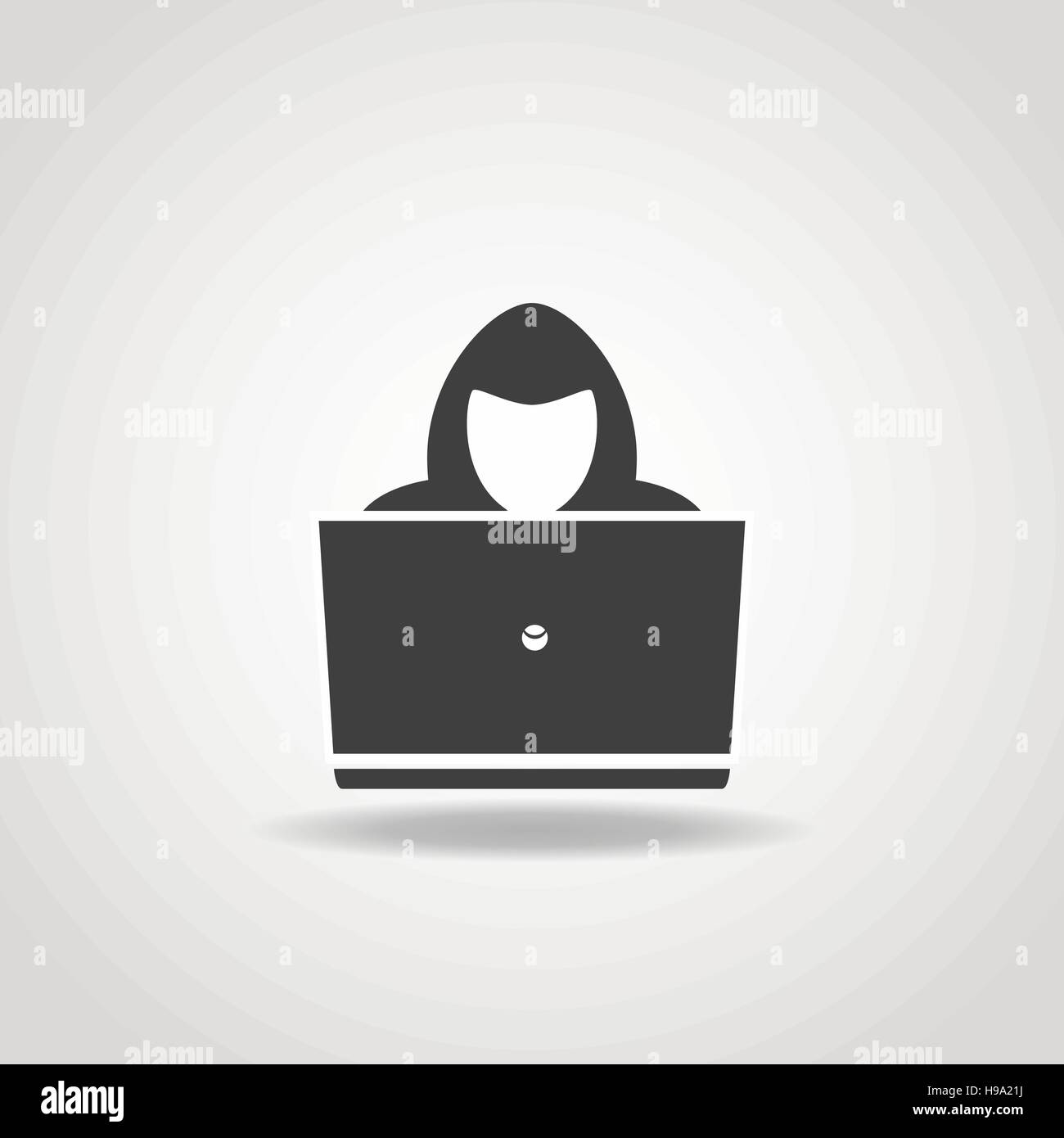 Black icon of hacker with big laptop. Stock Vector