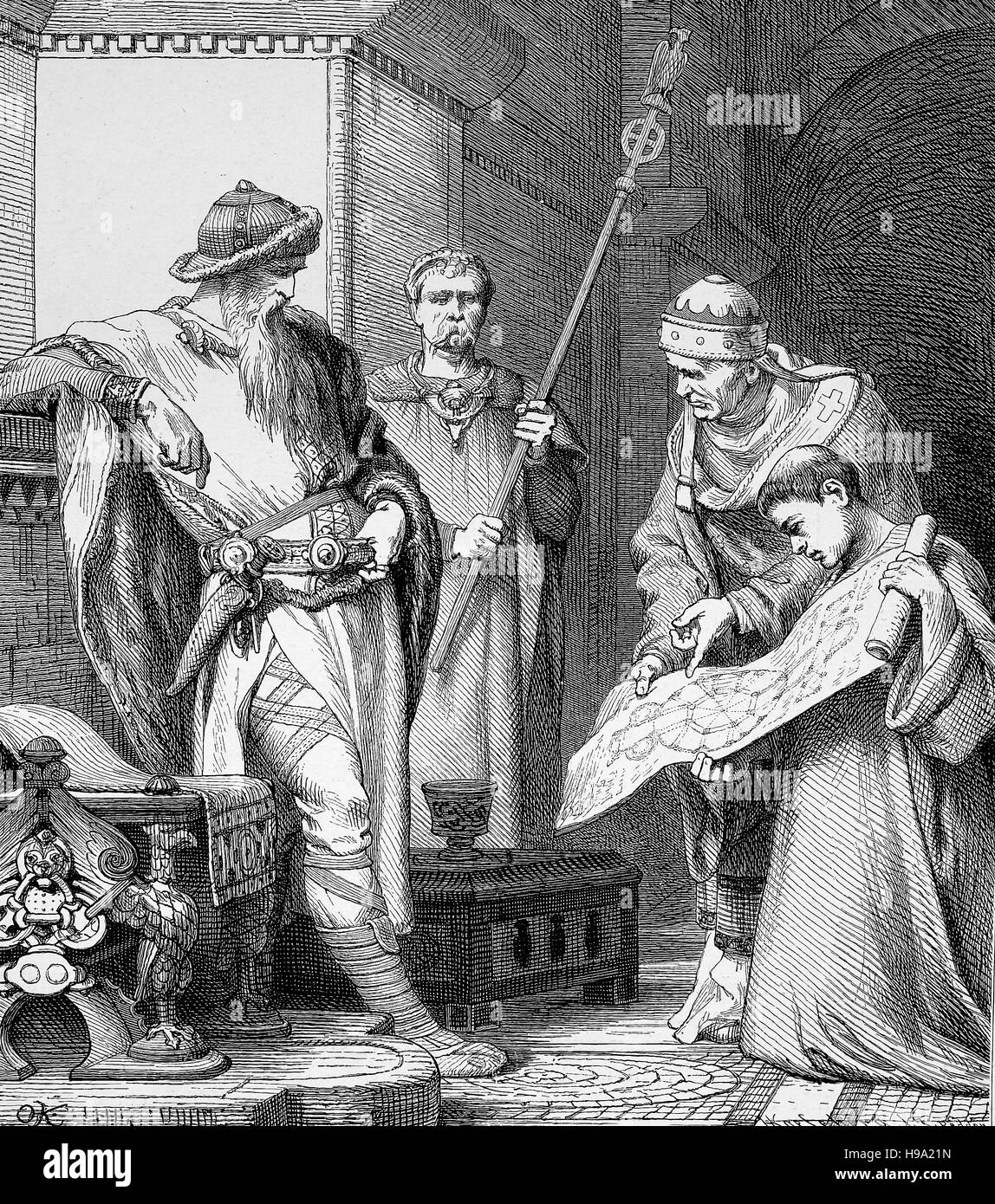Charlemagne, 2 April 742/747/748 - 28 January 814, also known as Charles the Great, locking to the Construction Plan of the palace-church of Aachen, Germany, historical illustration Stock Photo