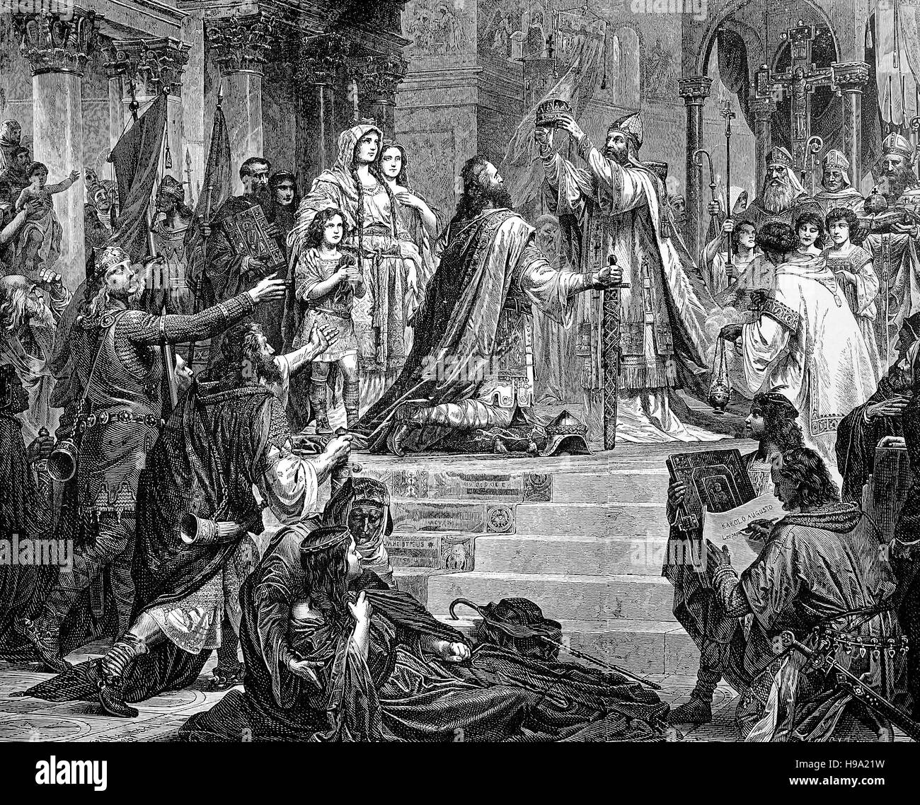 Charlemagne, 2 April 742/747/748 - 28 January 814, also known as Charles the Great, was King of the Franks. Imperial Coronation at St. Peter, historical illustration Stock Photo