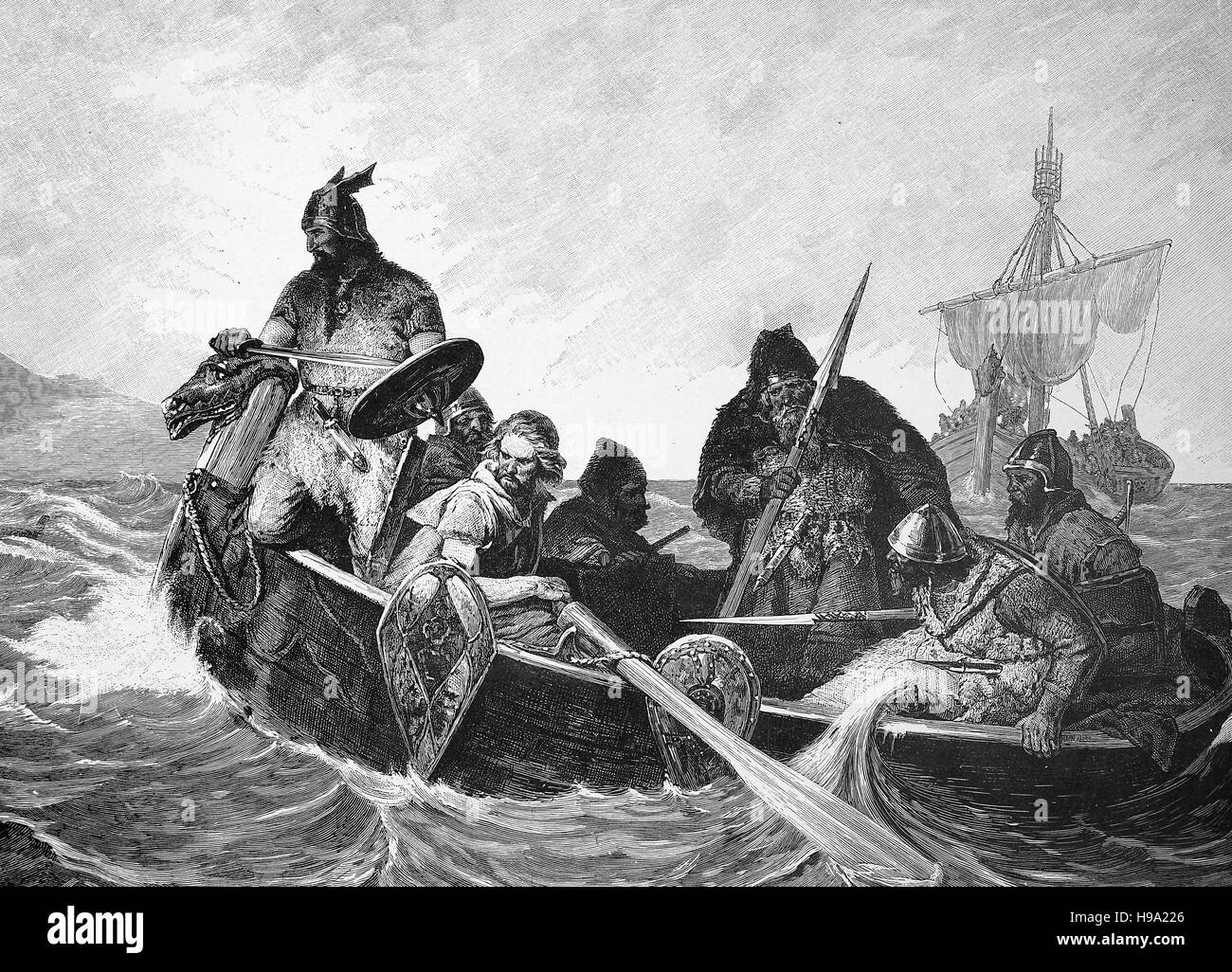 Normans with a boat, historical illustration Stock Photo
