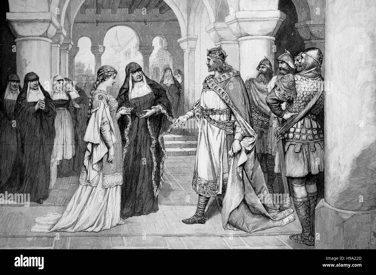 Henry the Fowler, Heinrich der Finkler or Heinrich der Vogler, 876 - July 2, 936, was the duke of Saxony from 912 and the elected king of East Francia. Here his Courtship for Mathildis, historical illustration Stock Photo